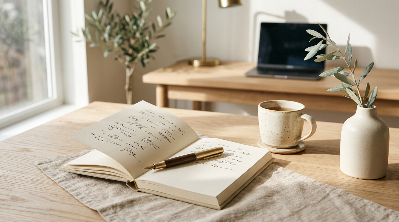Carnet de travail et tasse posés dans une lumière douce.